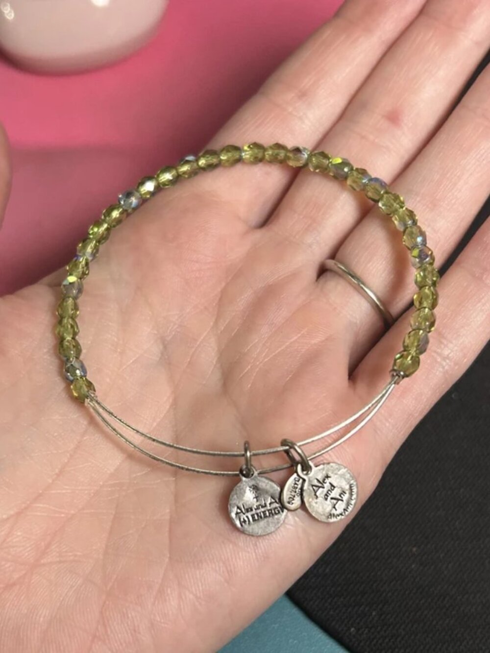 Alex and Ani Green Peridot Crystal Beaded Expandable Silver Bangle Bracelet